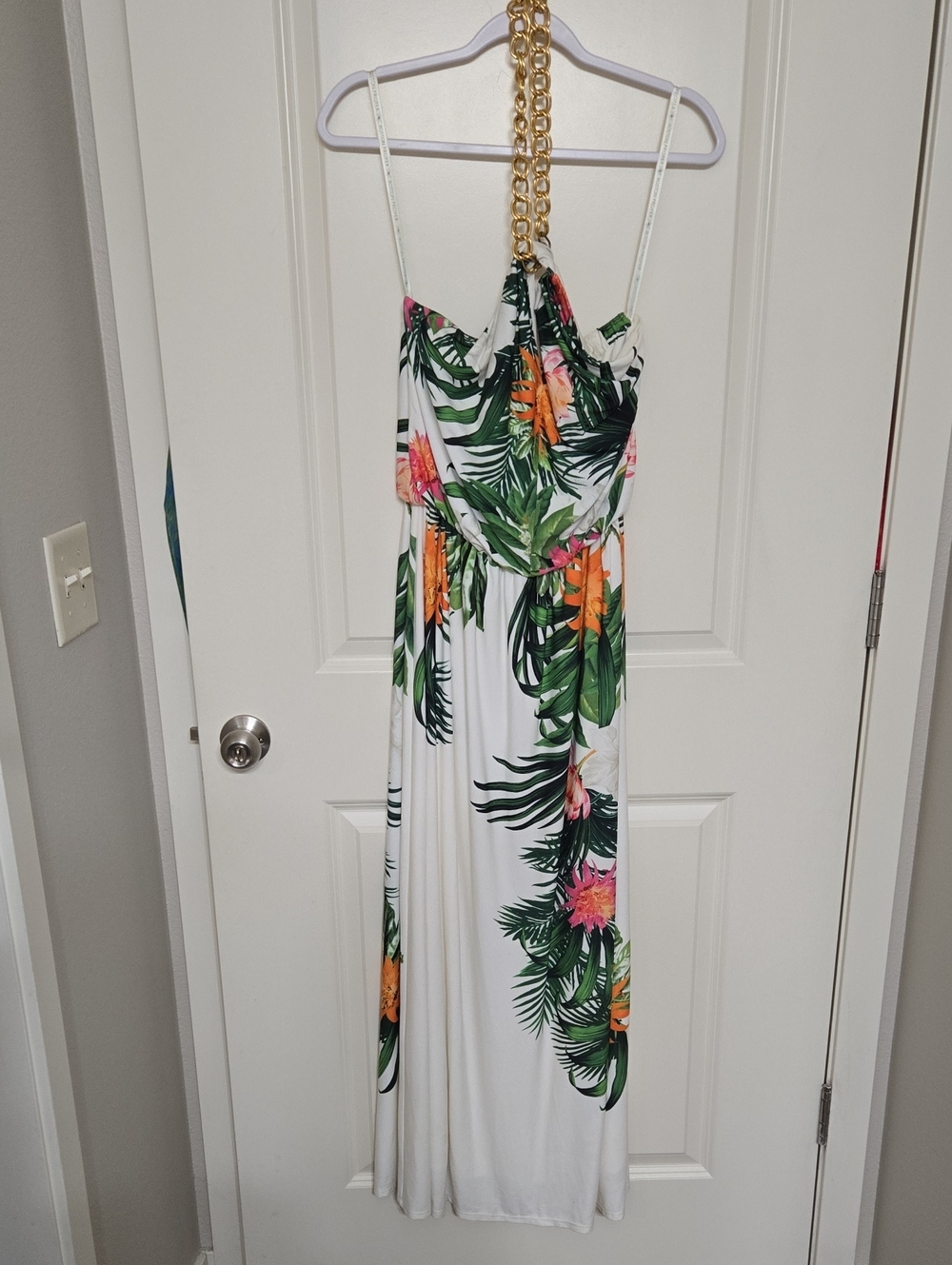 Boston Proper White Maxi Dress with Green Palm & Orange-Pink Florals